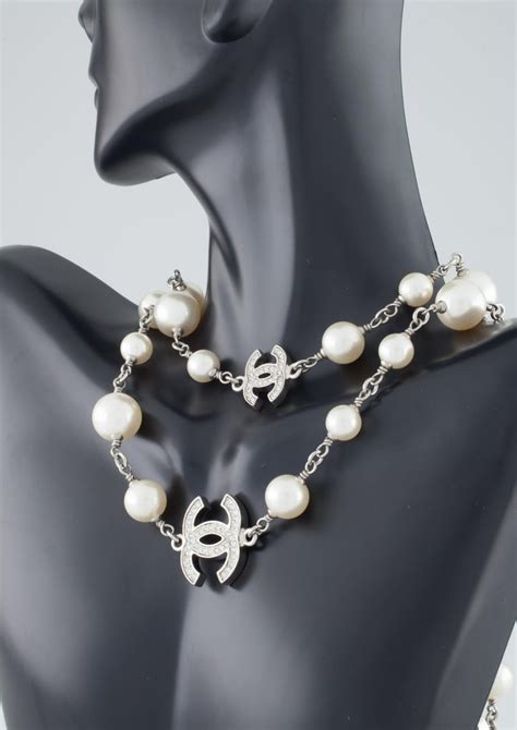 silver cc chanel necklace|chanel classic long pearl necklace.